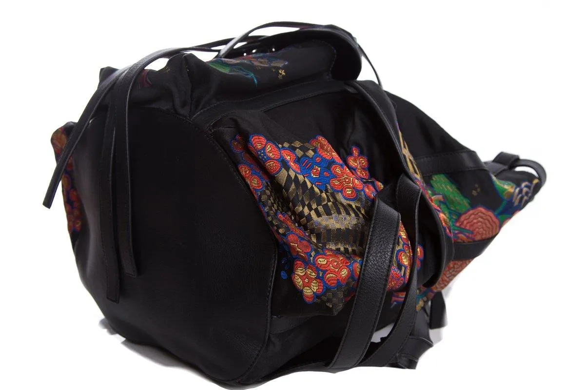 Loewe Black Leather & Multicolor Oriental Silk Print Backpack
